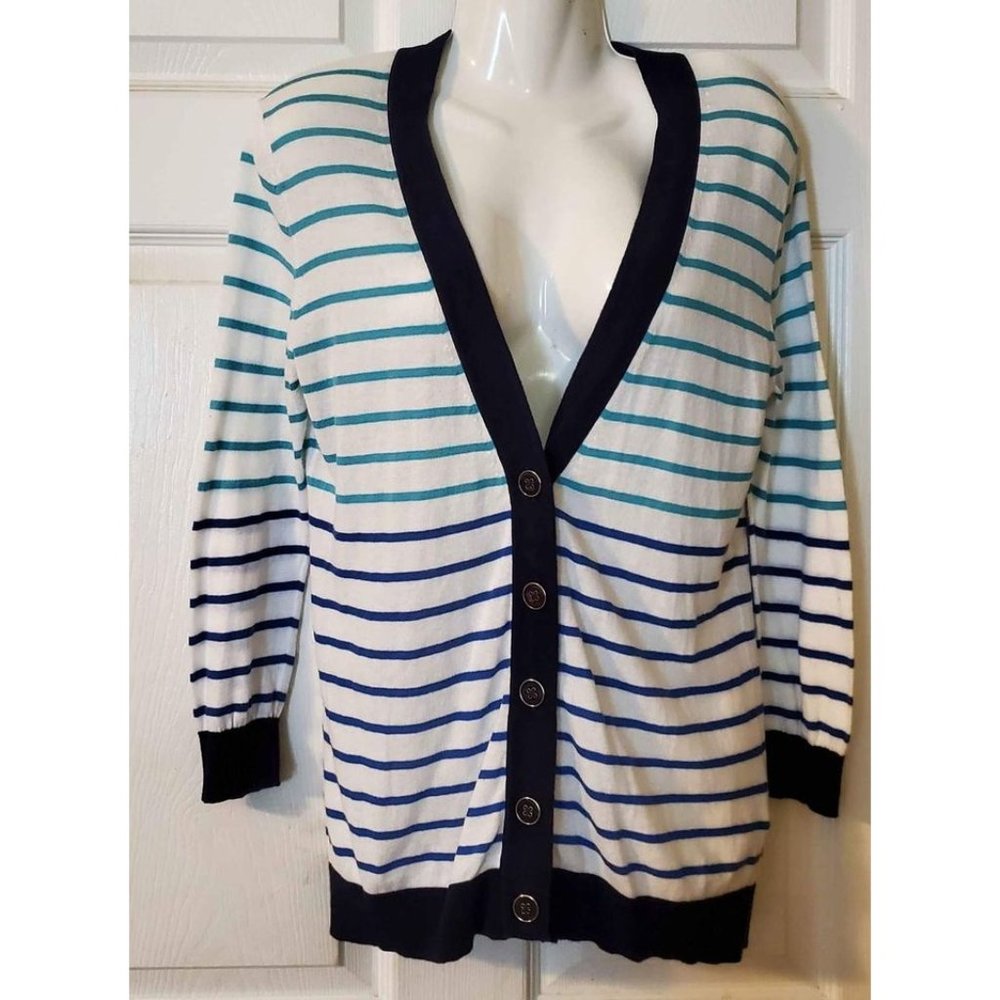Women's Small Banana Republic Cardigan Button Down White Blue Teal